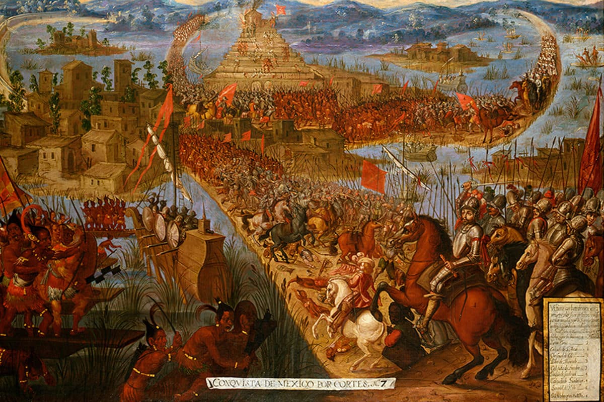 Hernan Cortes attacking the Aztec capital city, Tenochtitlan, in 1521 ...