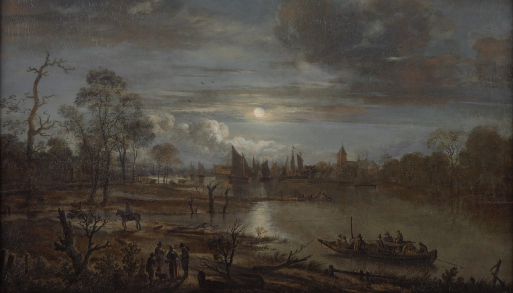Aert van der Neer - Riviergezicht met trekschuit bij maanlicht